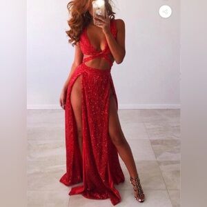 New Abyss by Abby Dazzling Red Backless Evening Gown size XS